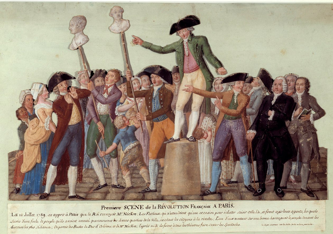 A francia forradalom első jelenete Párizsban: 1789. 07. 12-én, miután a király elbocsátotta Jacques Neckert, Camille Desmoulins felzavarta a tömeget a Palais Royalban, és lázadásra szólított fel a kormány ellen. Jacques Necker és Louis Phil mellszobra alkotó: Lesueur Brothers