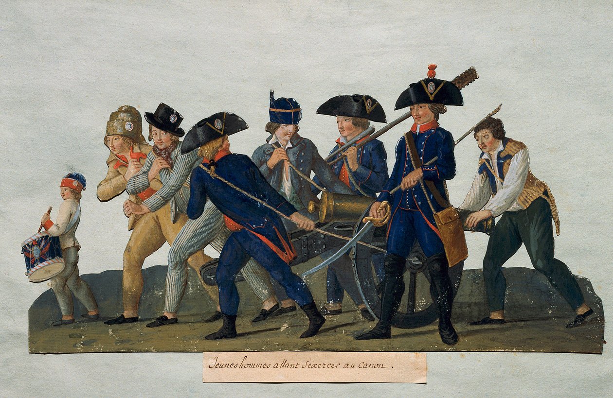 Francia forradalom: „” Fiatal férfiak mennek a kánonnal gyakorolni””” Lesueur testvérek metszete (18. század). Párizs, Musee Carnavalet alkotó: Lesueur Brothers