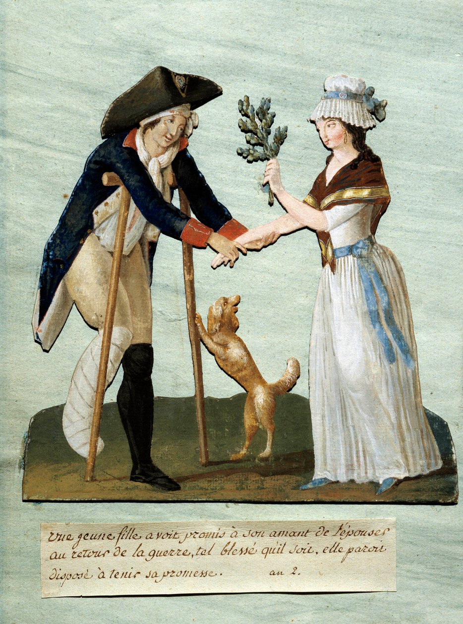 Francia forradalom: „” egy fiatal lány megtalálja ígért sebeit a háború után, és betartja ígéretét, hogy feleségül veszi”” Gouache des brothers Lesueur (18. század). Paris Musee Carnavalet alkotó: Lesueur Brothers