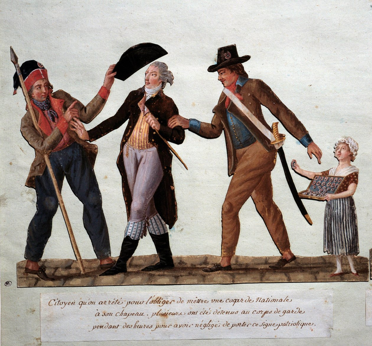 Francia forradalom: „” állampolgárt letartóztattak, hogy rákényszerítsék, hogy nemzeti kokárdot tegyen a kalapjára” Gouache des freres Lesueur (18. század) Musee Carnavalet, Párizs alkotó: Lesueur Brothers