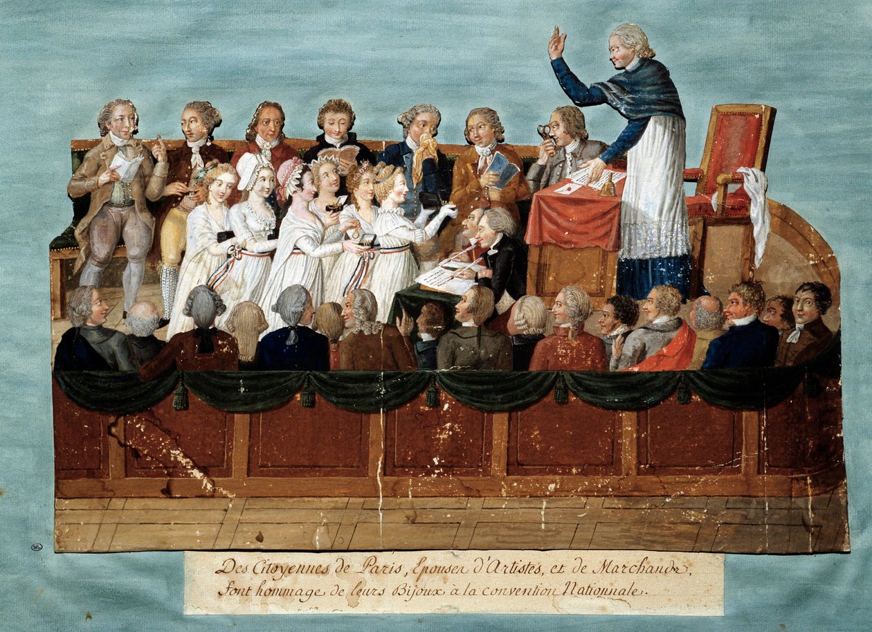 Francia forradalom: „” Párizs polgárai felajánlják ékszereiket a Nemzeti Kongresszusnak”” Illustration des Freres Lesueur (18. század). 1792-1795. Párizs, Carnavalet múzeum – Angol forradalom – Párizs polgárai ékszereiket a Natinak adományozzák alkotó: Lesueur Brothers