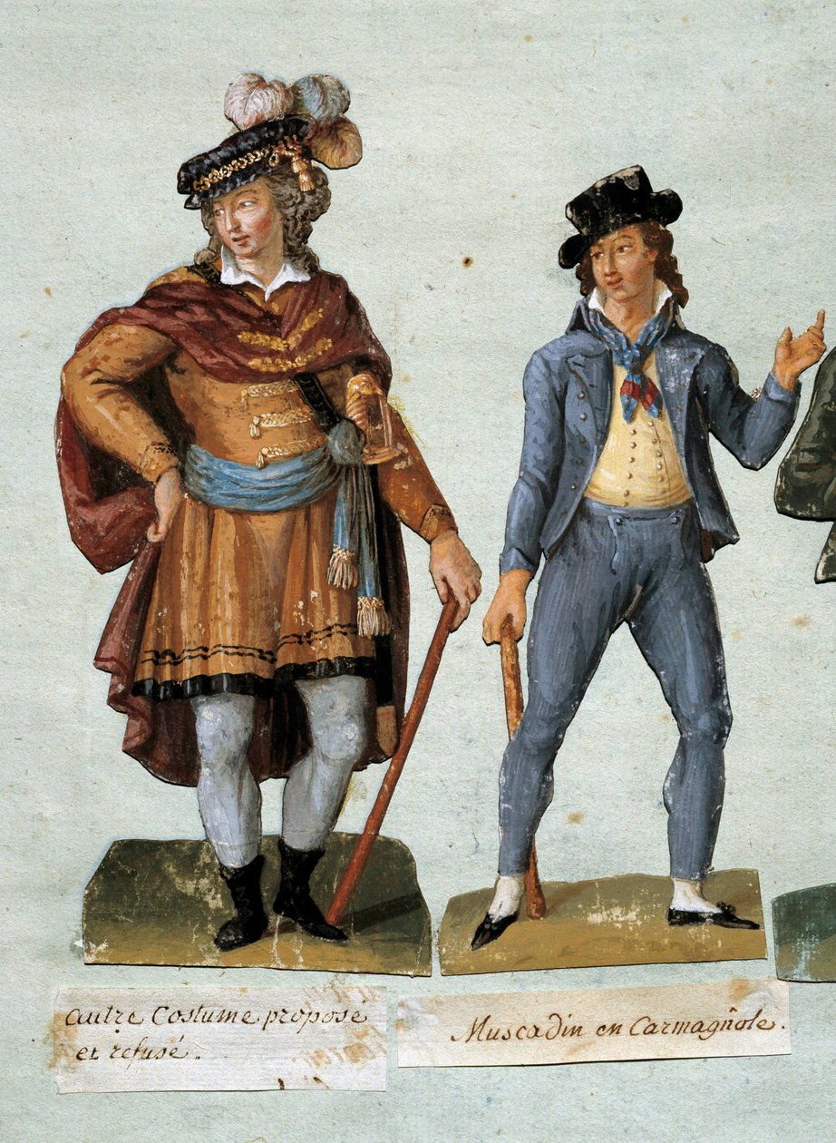 Francia forradalom: a fantáziadús royalist dandies (muscadin) jelmezei visszautasítják. Gouache a Lesueur testvérek (18. század) Carnavalet Múzeum alkotó: Lesueur Brothers