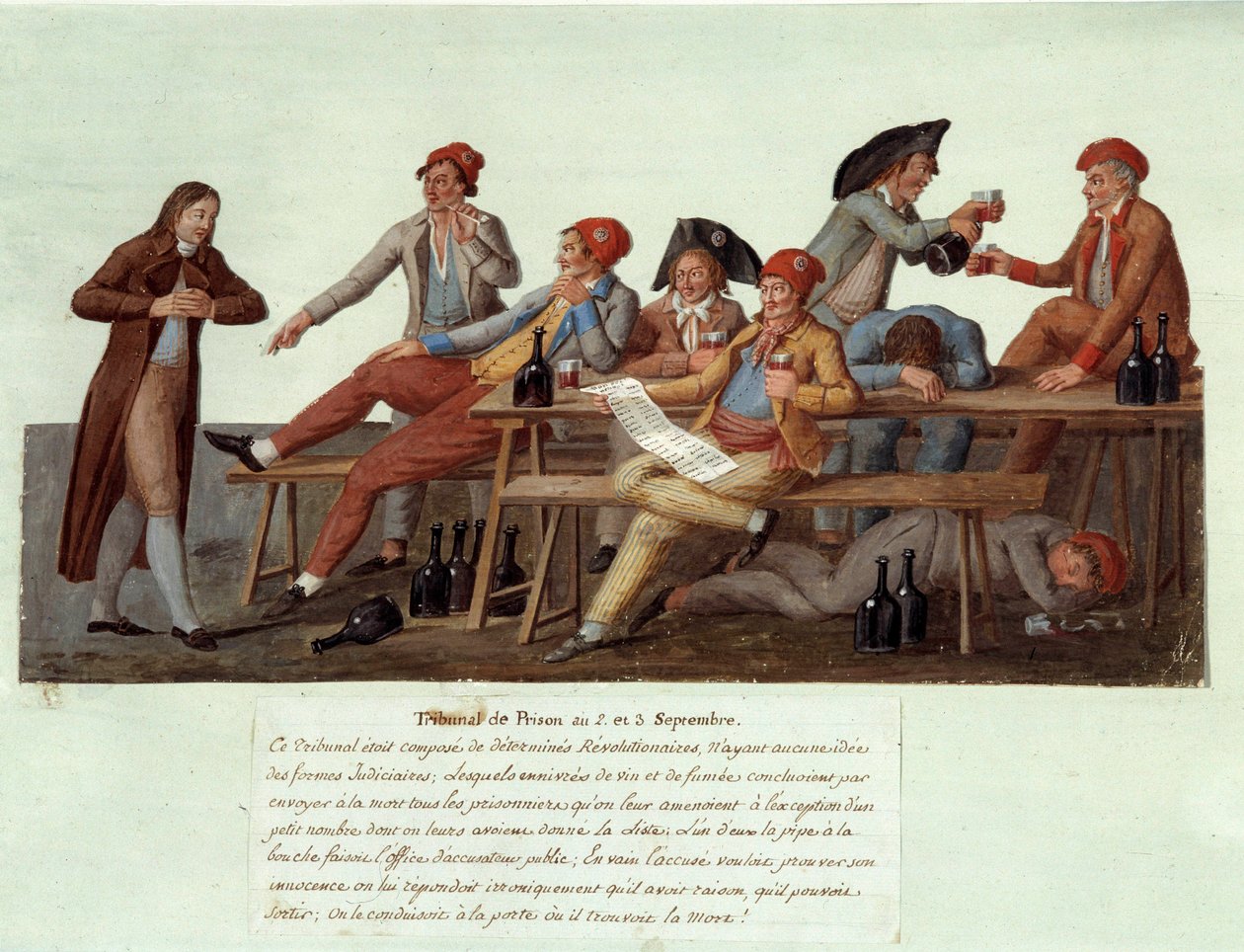 1789-es francia forradalom: „” Börtönbíróság szeptember 2-án és 3-án”” Forradalmi bíróság szatirikus ábrázolása, a tagok nem rendelkeznek joghatósággal igazságszolgáltatási ügyekben, és borivás és dohányzás miatt ítélkeznek. Gouache des freeres Lesueur alkotó: Lesueur Brothers