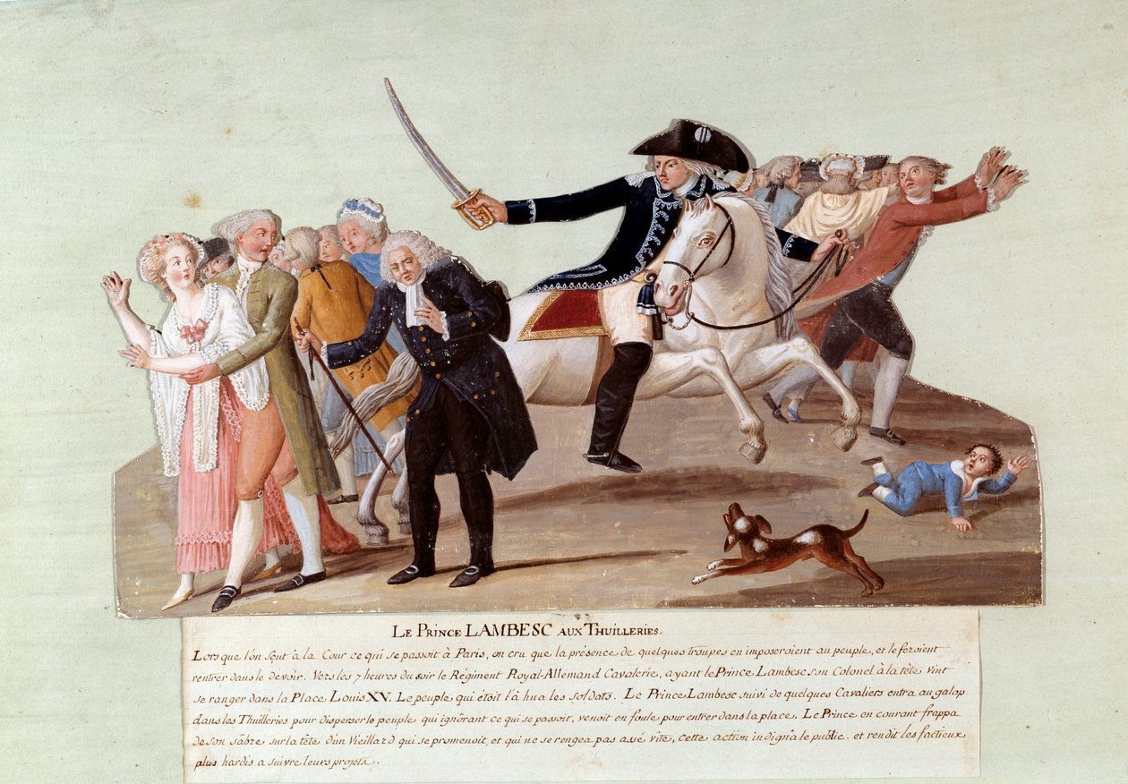 1789-es francia forradalom: Lambesc hercege a Tuileriákban július 12-én, hogy elfojtsa a forradalmárok első tüntetését. Gouache des freres Lesueur (18. század) alkotó: Lesueur Brothers
