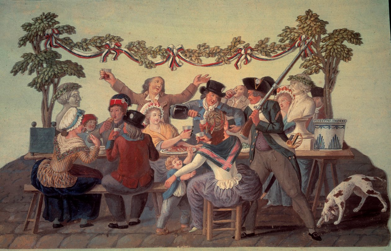 1789-es francia forradalom: „A köztársasági étkezés””. Gouache des freres Lesueur (18. század) alkotó: Lesueur Brothers