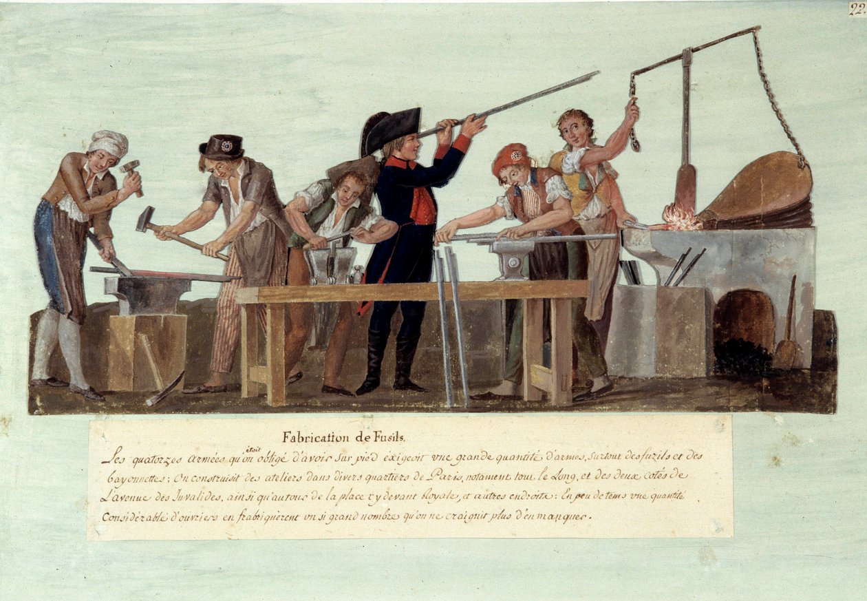 1789-es francia forradalom: „” puskagyártás”” A kovácsok fegyvergyártásának különböző szakaszai. Gouache des freeres Lesueur alkotó: Lesueur Brothers