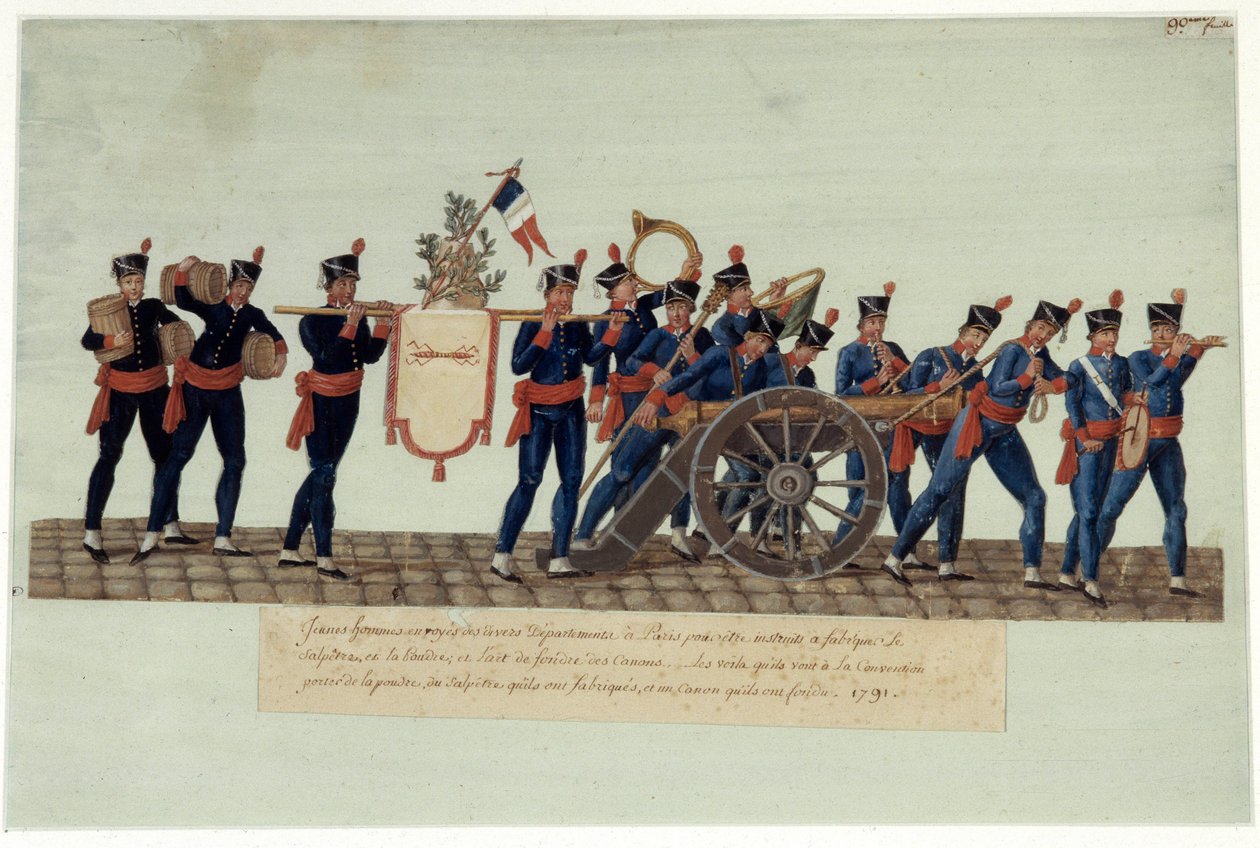 Az 1789-es francia forradalom: „” fiatal férfiak, akik port, salétromot és megolvasztott ágyút vittek magukkal a konventre.” Gouache des freres Lesueur (18. század) alkotó: Lesueur Brothers