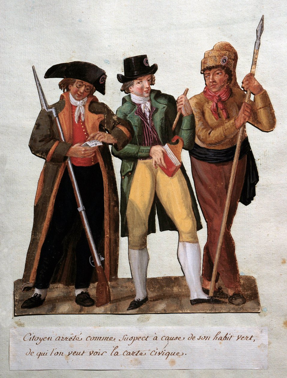 A francia forradalom „” gyanús állampolgárát zöld szokása miatt letartóztatták”” Gouache des freres Lesueur (XVIII. század). Musee Carnavalet, Párizs alkotó: Lesueur Brothers