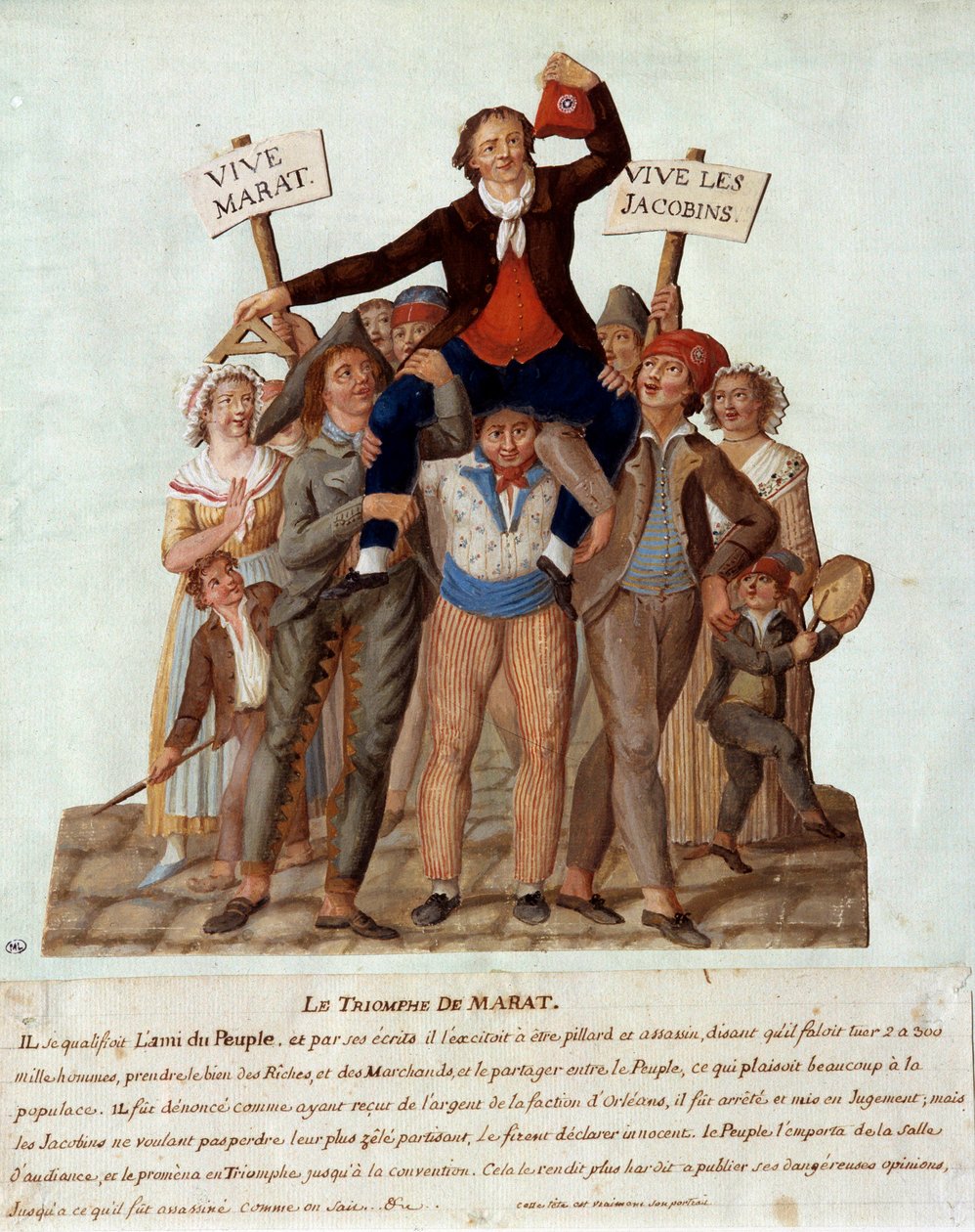 A francia forradalom: „Marat diadala” Jean-Paul (Jean Paul) Marat (1743-1793), a nemzeti kongresszus párizsi képviselője diadalt visel a nép a gazdagokkal szembeni erőszakos álláspontja miatt a emberek. Gouache des freeres Lesue alkotó: Lesueur Brothers
