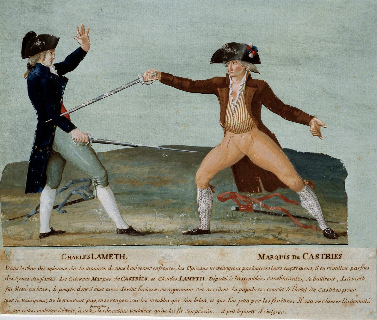 Francia forradalom: 1790. november 12-én párbaj Charles Lameth (1757-1832), az alkotmányozó nemzetgyűlés képviselője és Castries márki (1756-1842), a nemesség képviselője között 1790. november 12-én. Utóbbi megsebesíti Lameth-et, és a jakobinusok tömege to alkotó: Lesueur Brothers