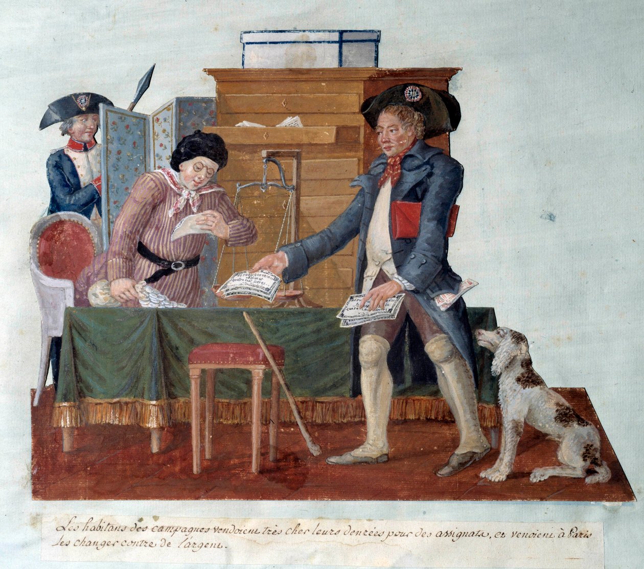 Francia forradalom: a vidék lakói megbízottaknak adták el ételeiket, amit aztán Párizsba jöttek pénzre váltani. Gouache des Freres Lesueur (XVIII. század) alkotó: Lesueur Brothers