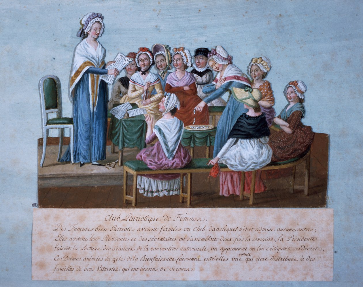 A Hazafias női klub találkozója, Jean-Baptiste Lesueur, színes nyomtatás, Franciaország, francia forradalom alkotó: Lesueur Brothers