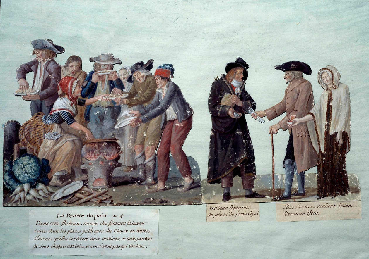 Jelenetek a francia forradalom alatt: ""kenyérhiány, pénzeladó és járadékosok árulják a tárgyaikat"". A Lesueur testvérek gouache-ja, 1789 körül. Musee Carnavalet, Párizs alkotó: Lesueur Brothers