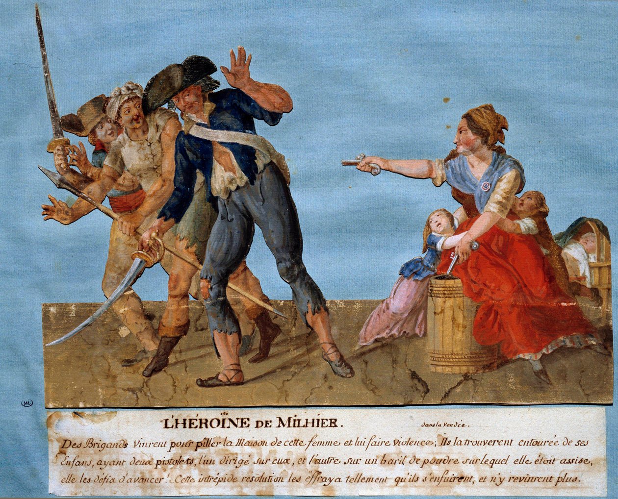 Vendee háborúja: „” Milhier hősnője””. Egy fiatal nő megfenyeget két fosztogatót, hogy felrobbantanak egy porhordót, ha előre mernek lépni. Gouache des freres Lesueur (18. század) Musee Carnavalet, Párizs alkotó: Lesueur Brothers