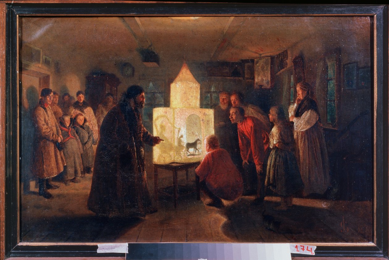 A varázslámpás parasztházban – Lev Grigorjevics Szolovjev (1837-1919) festménye, olaj, vászon alkotó: Lev Grigoryevich Solovyev