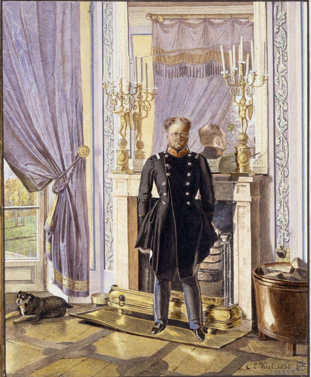 Konstantin Pavlovics orosz nagyherceg (1779-1831) portréja a kandalló előtt. (Konstantin Pavlovics orosz nagyherceg portréja a kandallónál). Lev Ivanovics Kiel (?-1851) munkája, akvarell papíron alkotó: Lev Ivanovich Kiel
