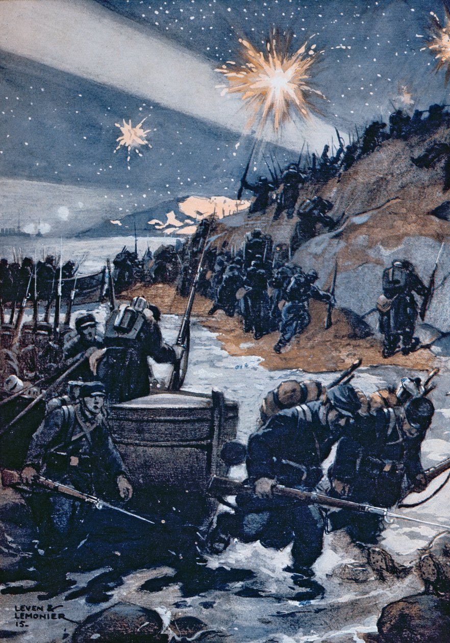 Éjszakai leszállás a Dardanelláknál, illusztráció a Les Pays de France-ból, 1915 alkotó: Leven and Lemonier
