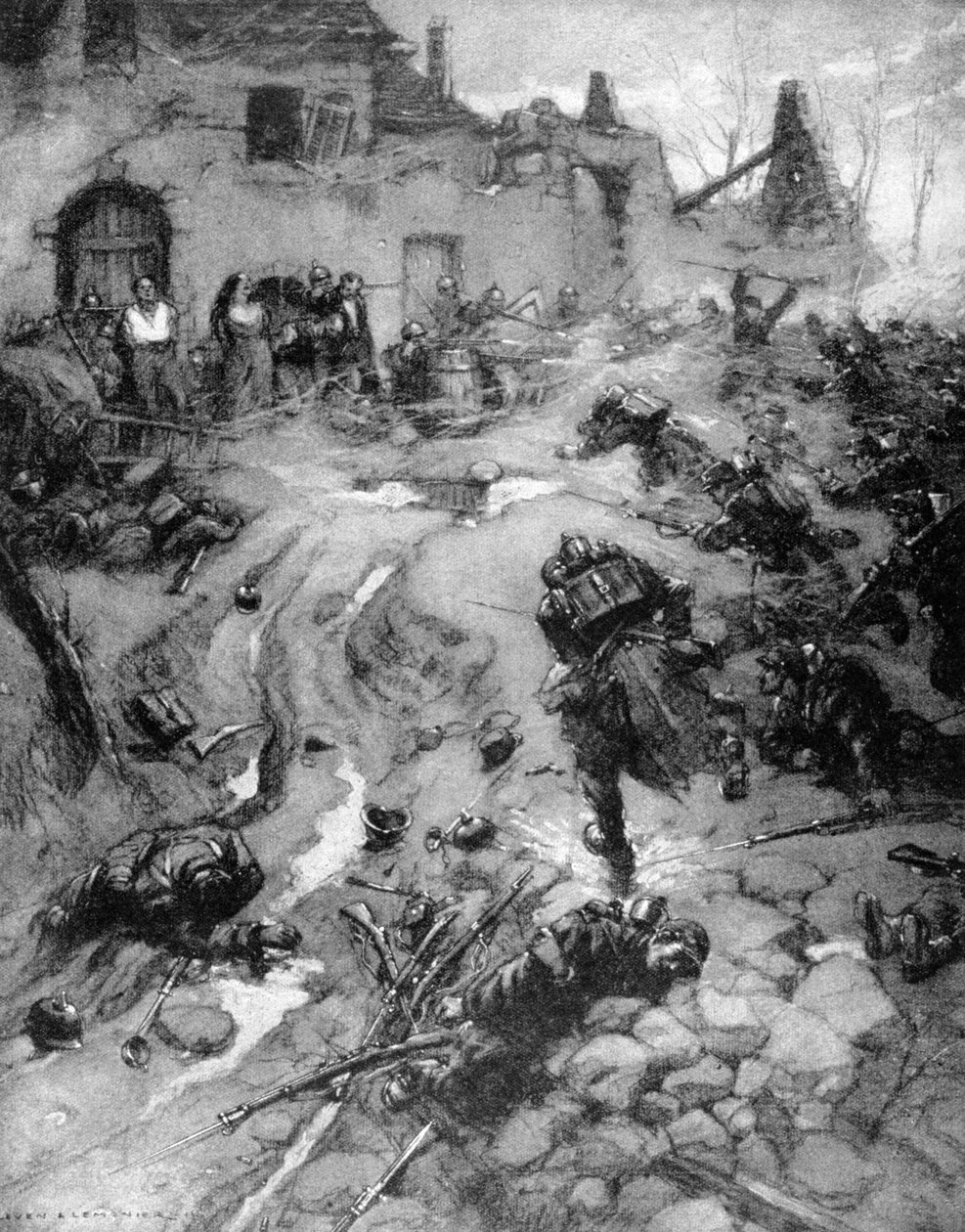 Csapataink elfoglalják az elzászi Steinbachot, az I. világháború, 1915 alkotó: Leven and Lemonier
