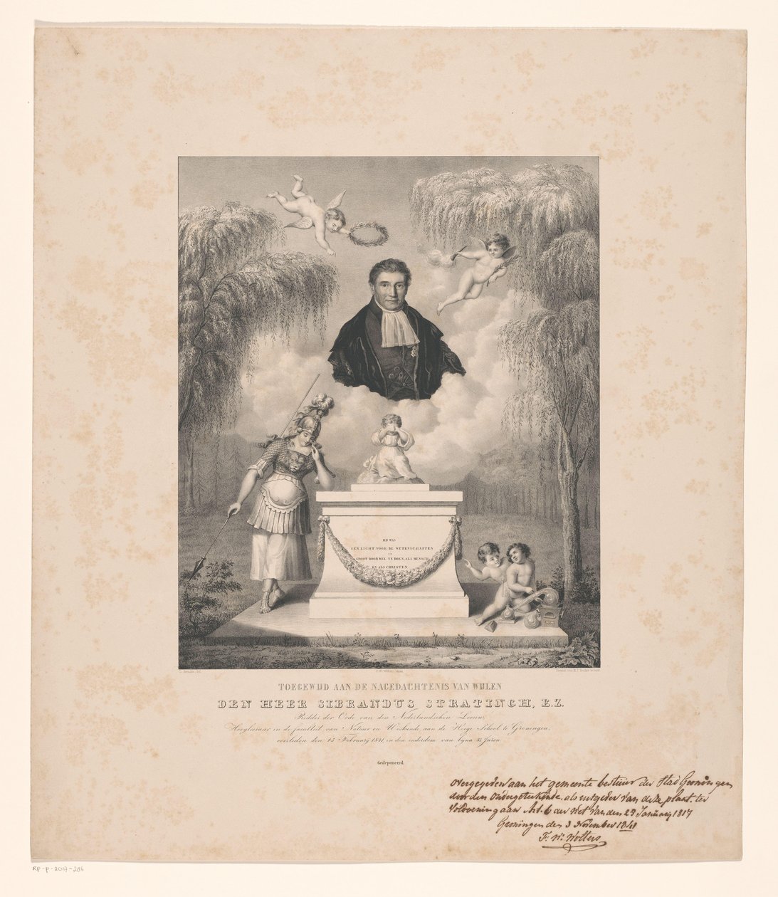 Sibrandus Stratingh portréja A néhai Sibrandus Stratingh úr emlékének szentelt E.Z. (cím a tárgyon) alkotó: Levi Michiel Bendix