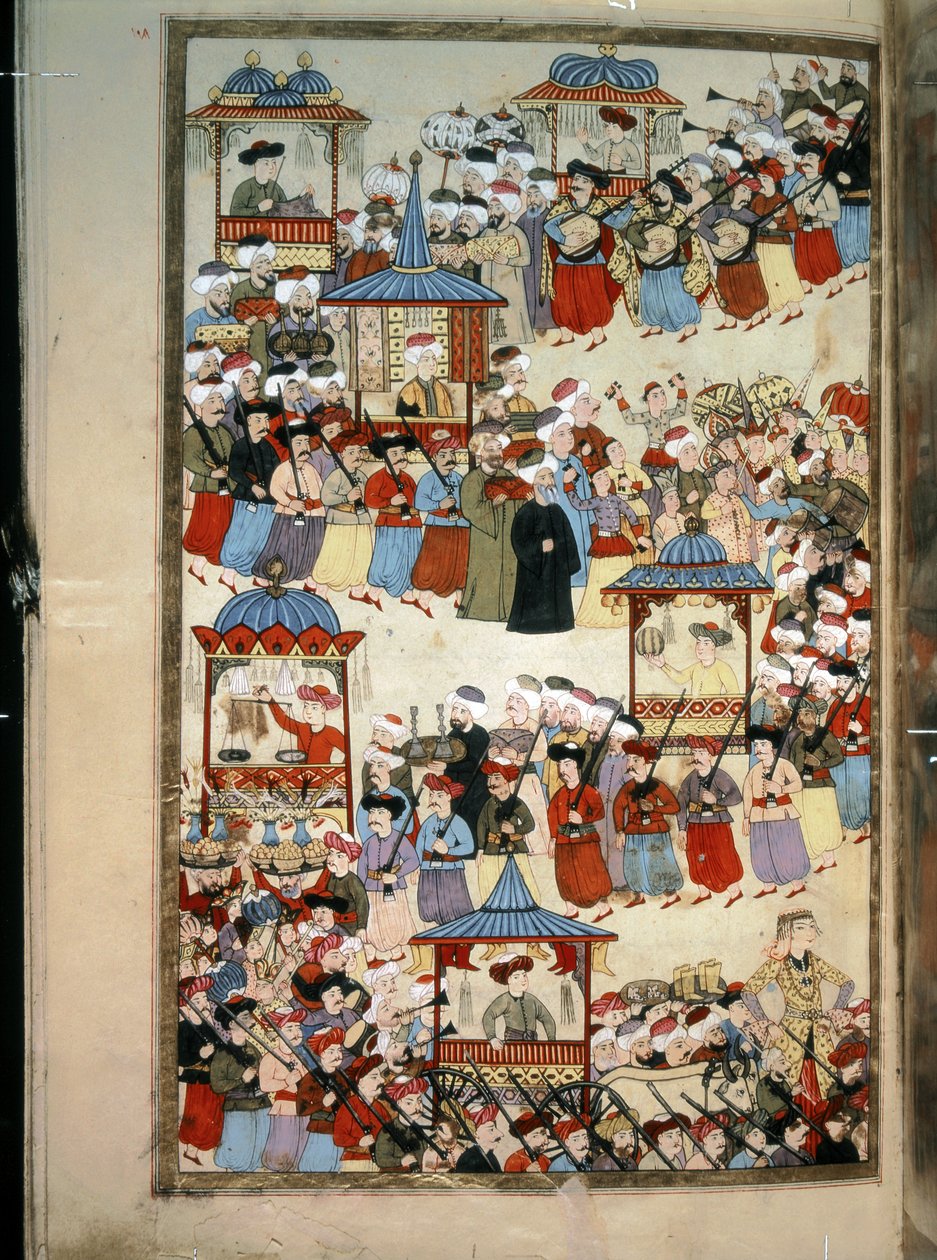 OTTOMAN EMPIRE: "A zenészek, táncosok, szabók, bódék készítőinek céhének felvonulása, stb.... alkotó: Levni Levni