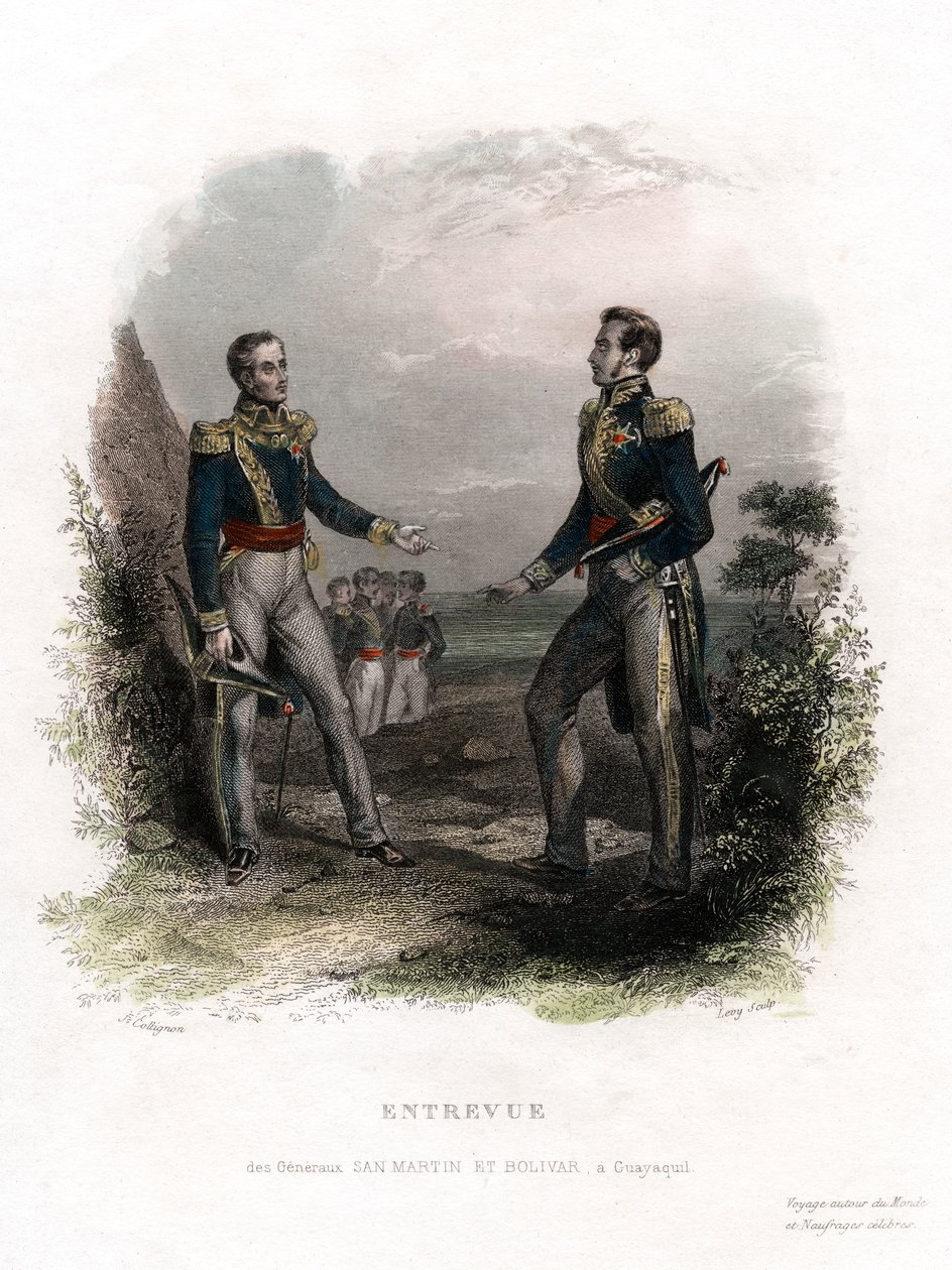 Találkozó San Martin és Bolivar tábornokok között, Guayaquil, Ecuador, 1822, 19. század. alkotó: Levy