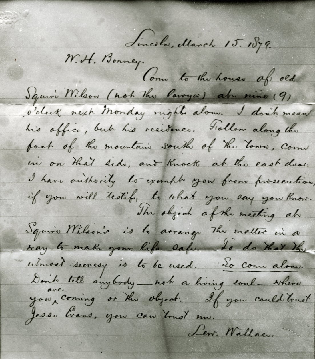 Lew Wallace levele W. H. Bonney-nak (1860-81) 1879. március 15. alkotó: Lew Wallace