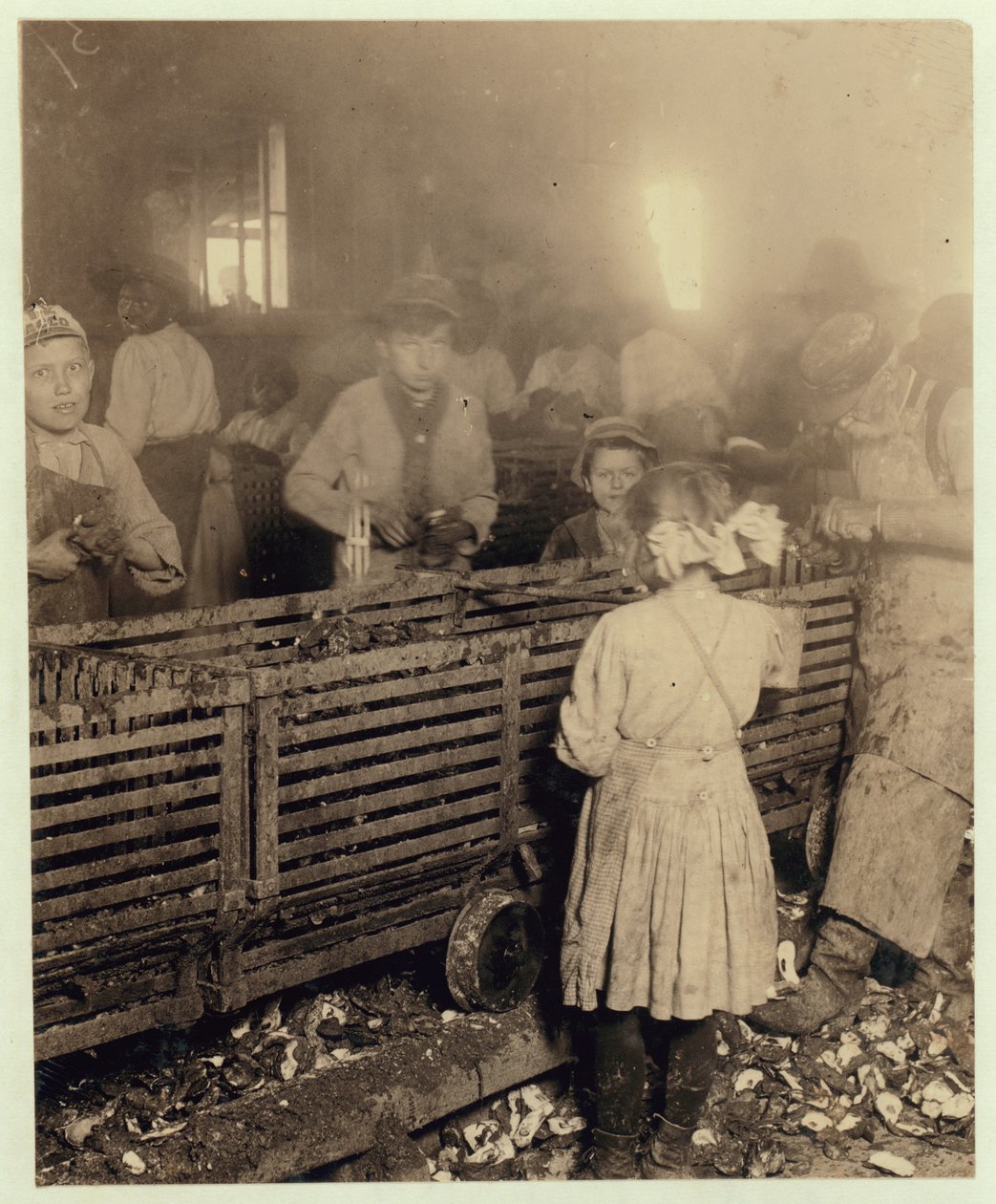 A Lowden Canning Company gyára, Bluffton, Dél-Karolina, egy 7 éves kislányt mutat be, aki naponta 3 csésze osztrigát simogat 6 éves bátyjával és egy 11 éves fiút, aki 6 edényt készít, 1913 (bw p alkotó: Lewis Wickes Hine