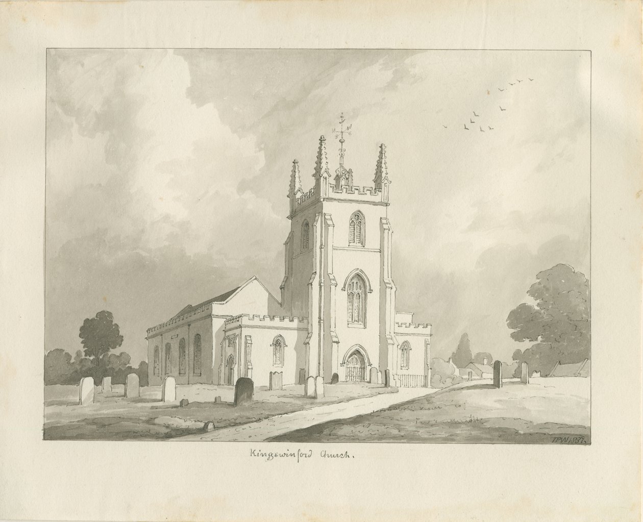Kingswinford templom: szépia rajz, 1837 alkotó: Lewis John Wood