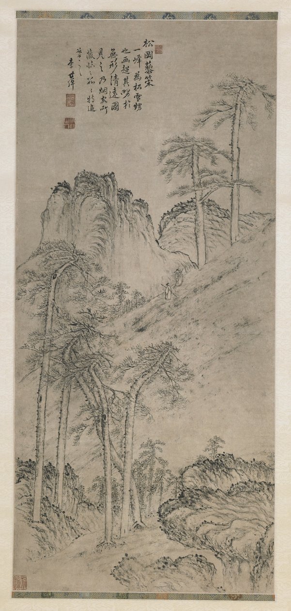 Séta botokkal a fenyődombon, Qing-dinasztia, 1760 körül (tinta papíron) alkotó: Li Shizuo