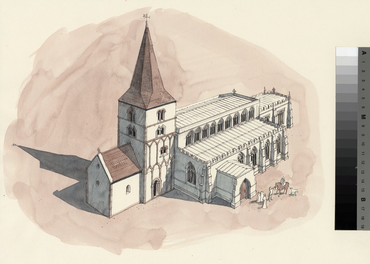 A Szent Péter-templom rekonstrukciós rajza a 15. századból (akvarell, papír) alkotó: Liam Wales