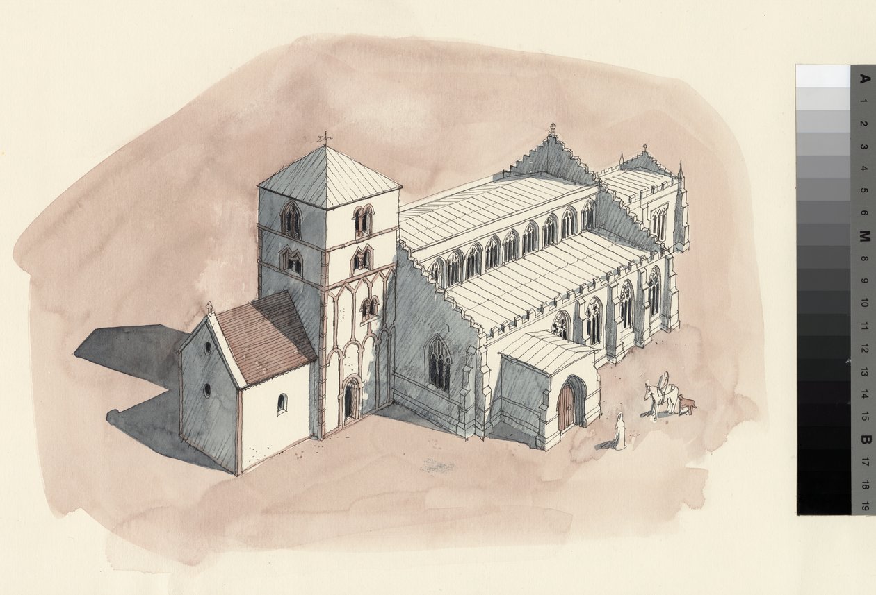 A Szent Péter-templom rekonstrukciós rajza a 18. századból (akvarell, papír) alkotó: Liam Wales