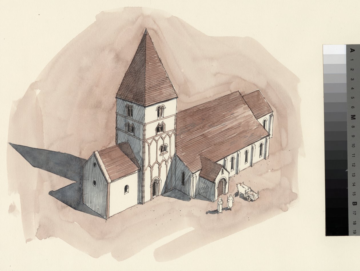 A Szent Péter-templom rekonstrukciós rajza a normann korszakból (akvarell, papír) alkotó: Liam Wales