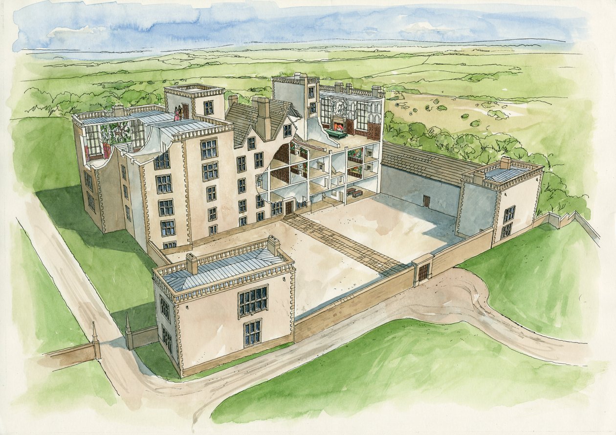 Hardwick Old Hall rekonstrukciója 1620-ban (akvarell, papír) alkotó: Liam Wales
