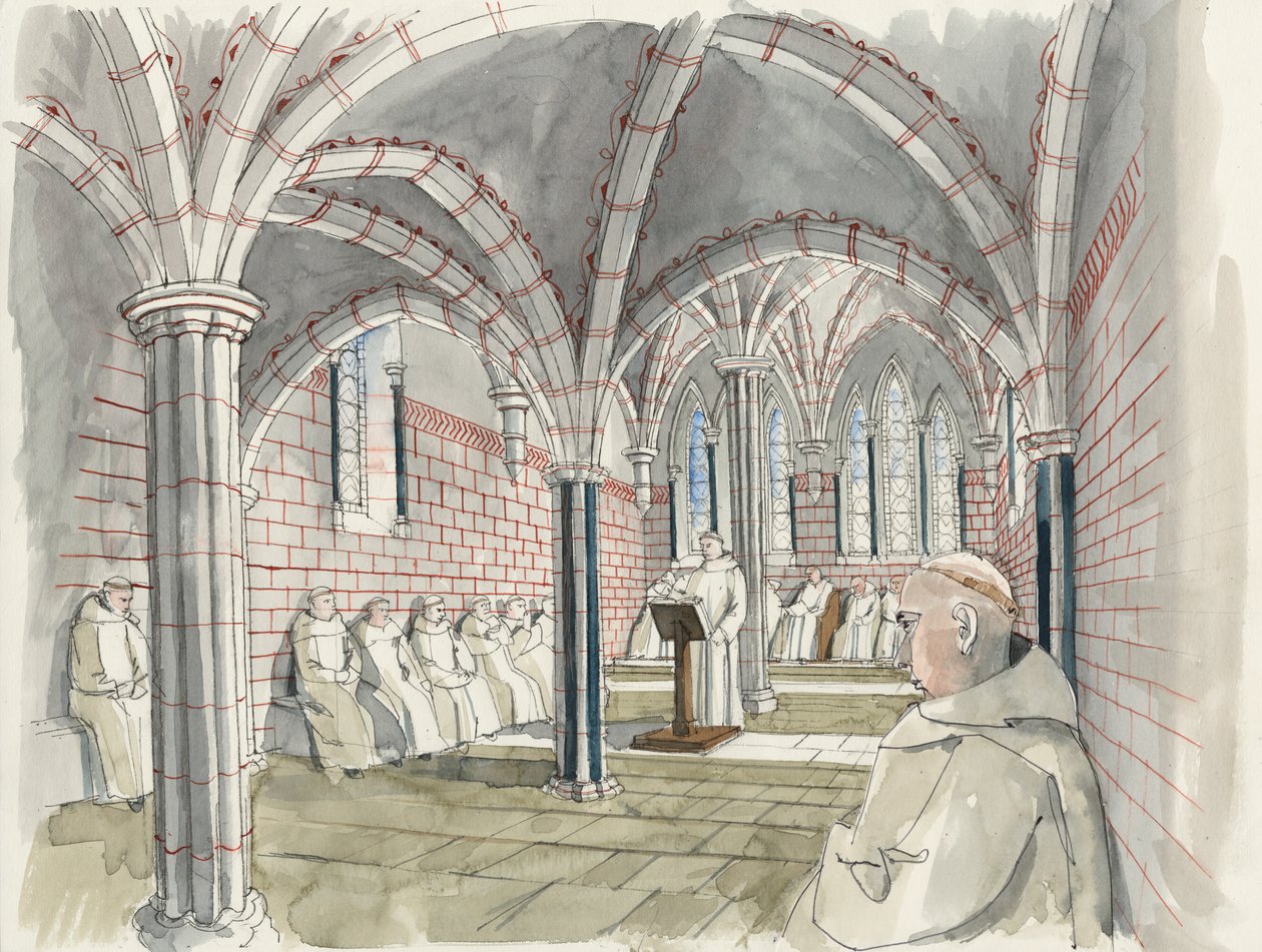 A shapi apátság káptalanjának rekonstrukciója 1530 körül (akvarell, papír) alkotó: Liam Wales