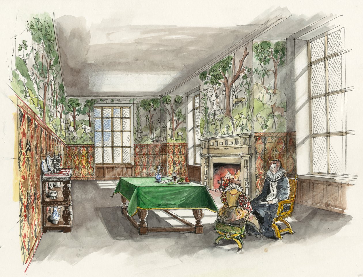 A Hardwick Old Hall erdei nagytermének rekonstrukciója 1601-ben (akvarell, papír) alkotó: Liam Wales
