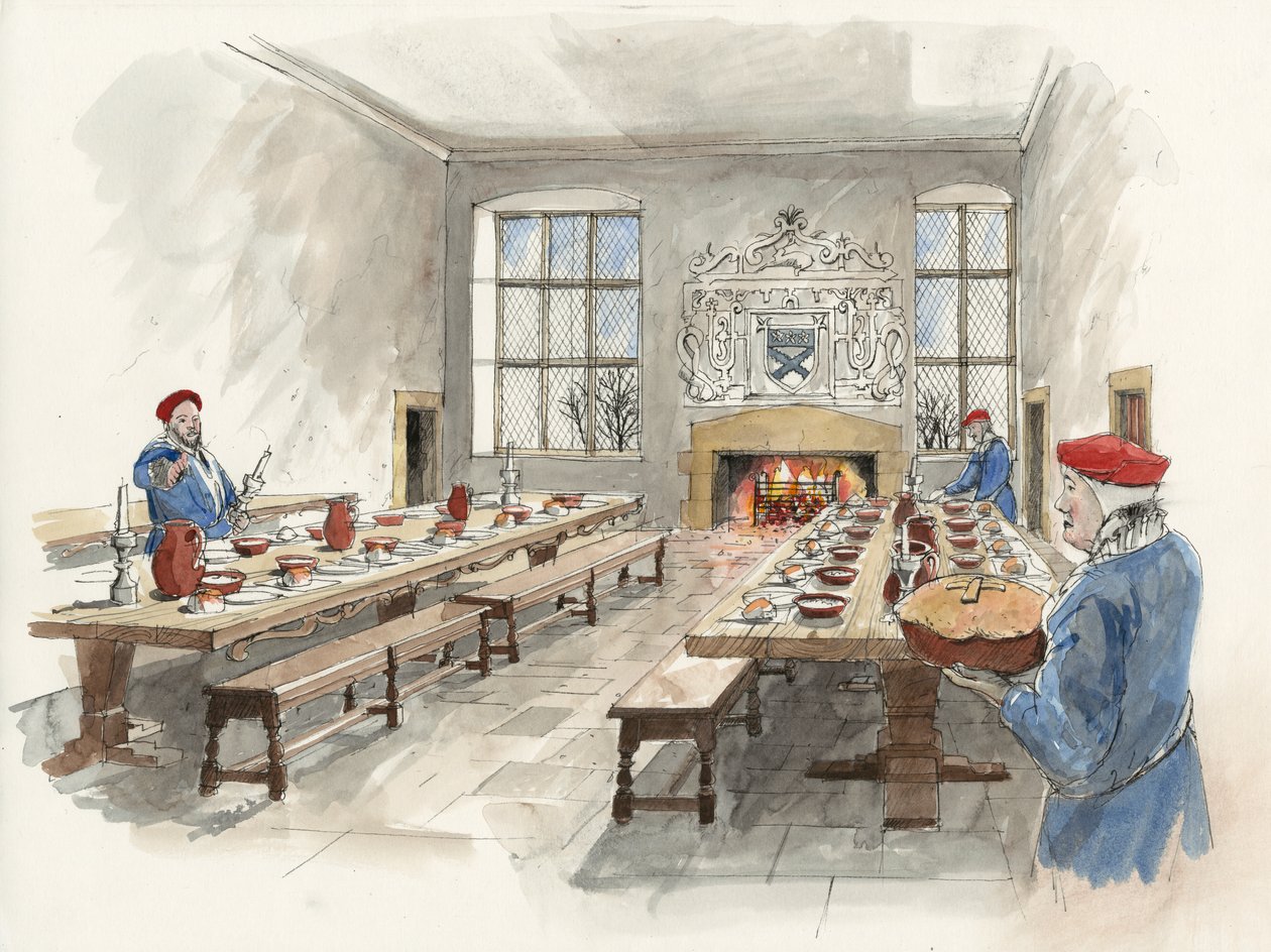 A Hardwick Old Hall nagytermének rekonstrukciója 1601-ben (akvarell, papír) alkotó: Liam Wales