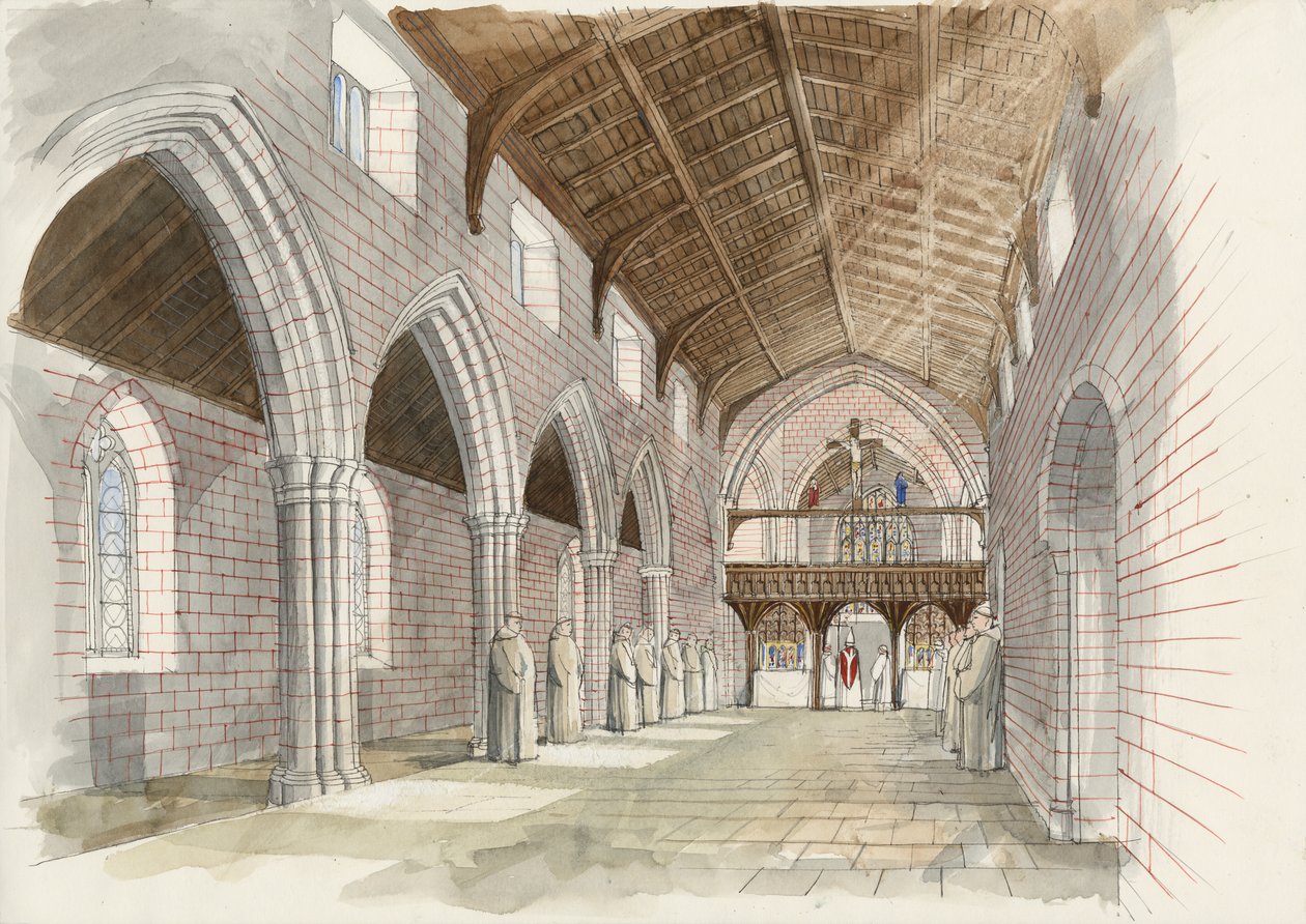 Az apátsági templomhajó rekonstrukciója a Shap apátságban 1530 körül (akvarell, papír) alkotó: Liam Wales