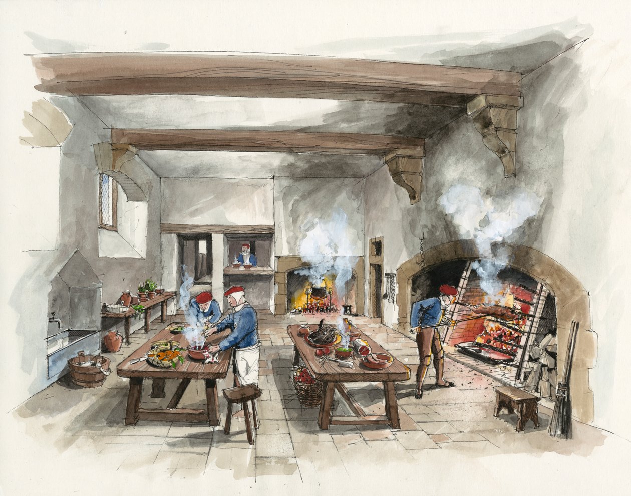 A Hardwick Old Hall konyhájának rekonstrukciója 1601-ben (akvarell, papír) alkotó: Liam Wales