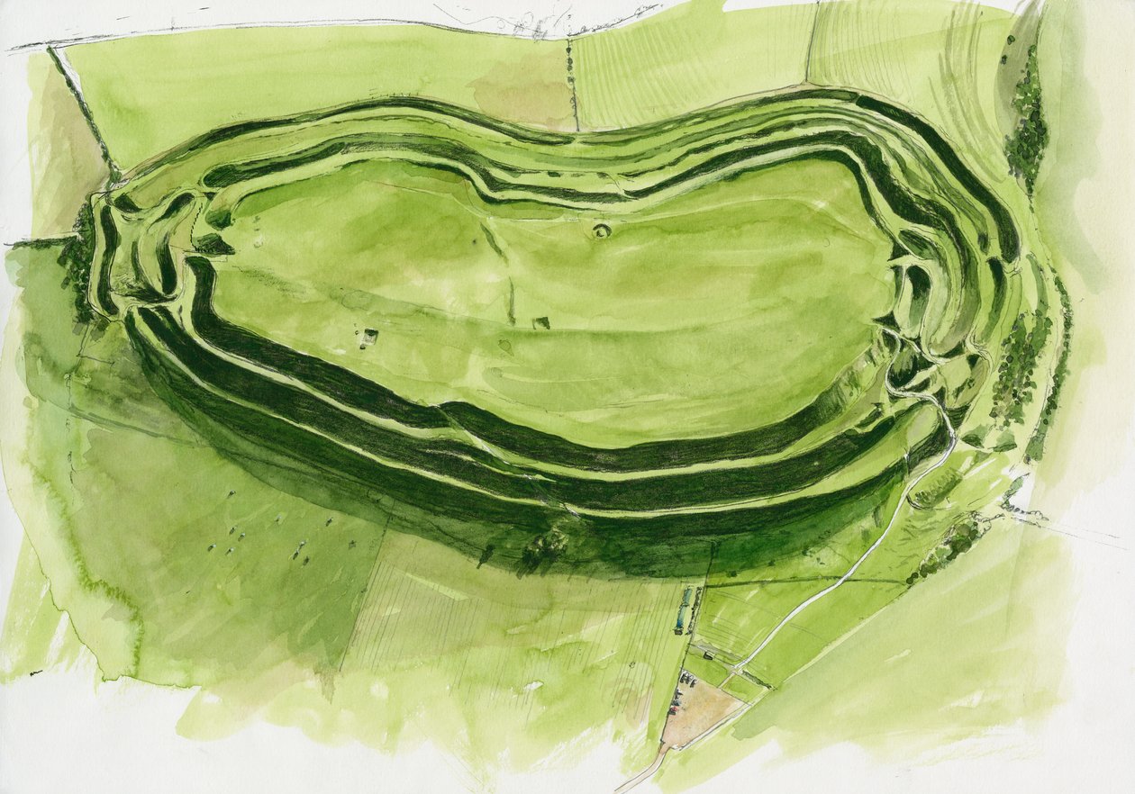 Maiden Castle maradványai (akvarell, papír) alkotó: Liam Wales