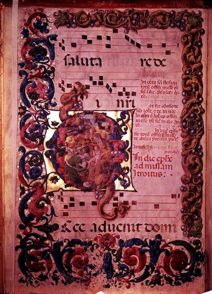 Zenei oldal történetírásos G kezdőbetűvel, amely a Mágusok imádását ábrázolja, antifonálból, 1473-79 körül alkotó: Liberale da Verona