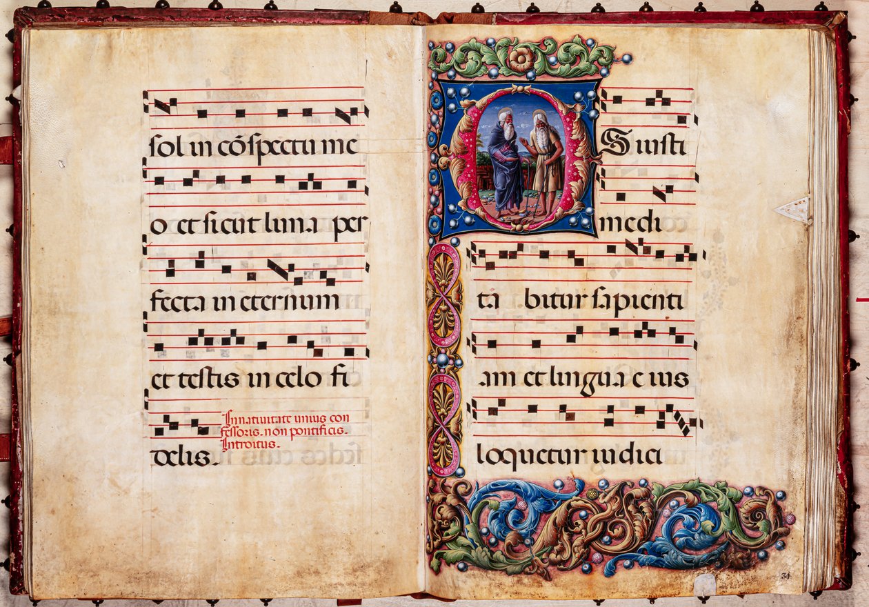 Piccolomini Könyvtár: kóruskönyv, cod. 17,2, ff. 30v-31r a „Two Remit Saints”-szel, Liberale da Verona (kb. 1445-1527/9). alkotó: Liberale da Verona