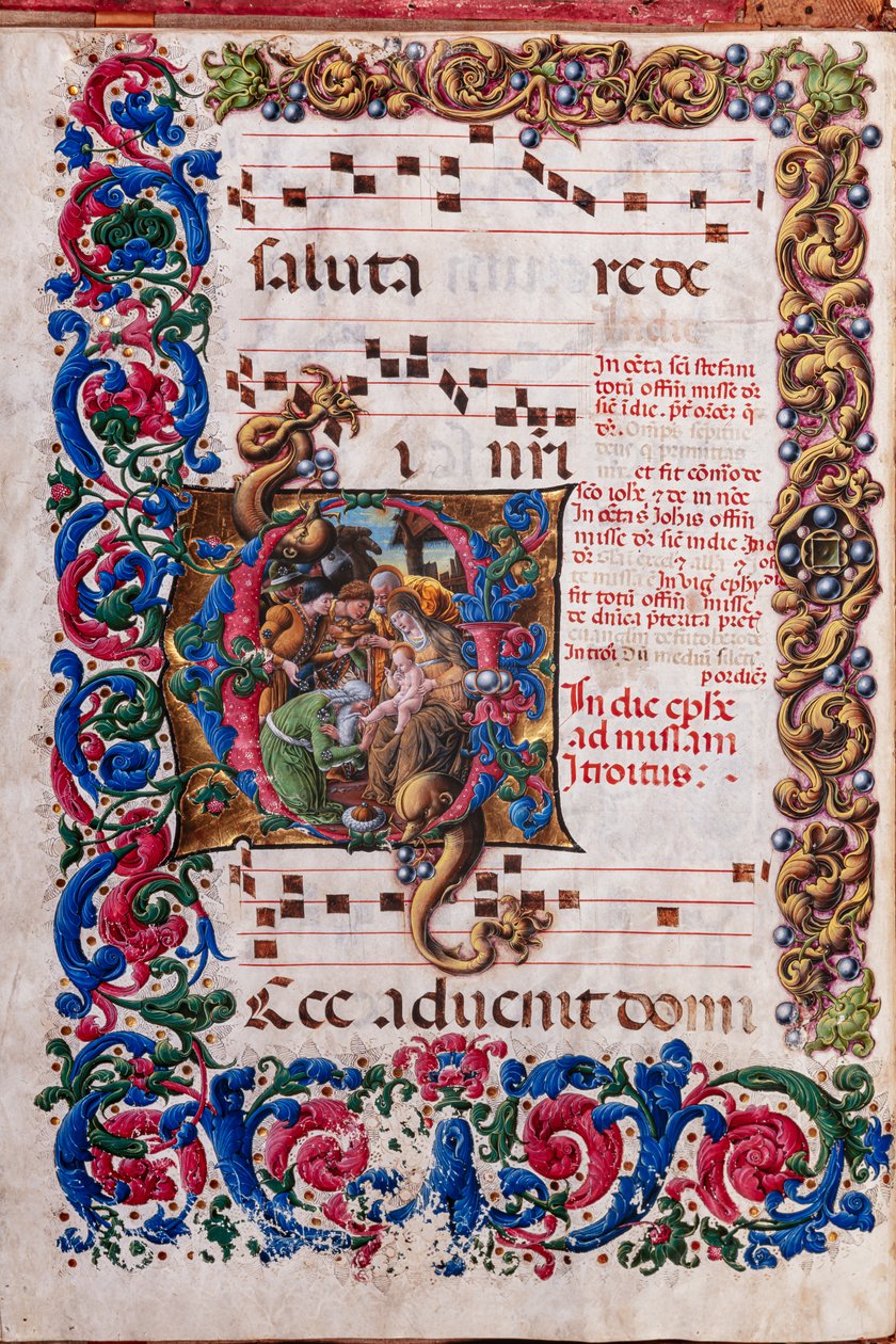 Piccolomini Könyvtár: kóruskönyv, cod. 19,4, ff. 9v „A mágusok imádásával”, Liberale da Verona (kb. 1445 - 1527/9). alkotó: Liberale da Verona