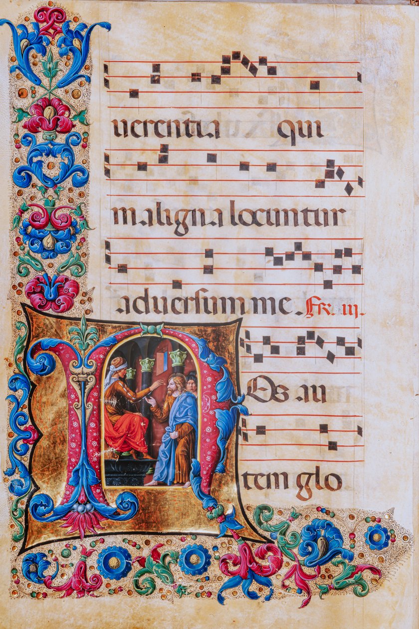 Piccolomini Könyvtár: kóruskönyv, cod. 22,7, ff. 22v „Krisztus Pilátus előtt”, Liberale da Verona (kb. 1445-1527/9). alkotó: Liberale da Verona