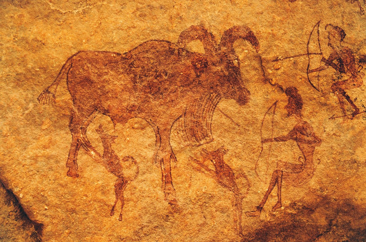 Íjászok, kutyák és patás állatok, barlangfestés, Tassili n