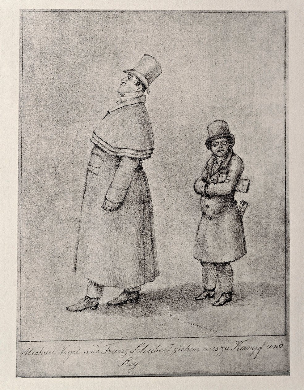 Ausztria, Bécs, Johann Michael Vogl osztrák baritonénekes és Franz Peter Schubert zeneszerző karikatúrája, 1825 körül, ceruzarajz alkotó: Unbekannt Unbekannt