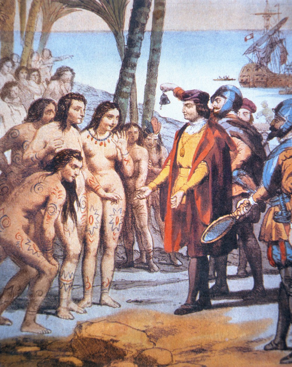 Kolumbusz Kristóf 1492-ben landol az Újvilágban, és Taino indiánok köszöntik (színes litho) alkotó: Unbekannt Unbekannt