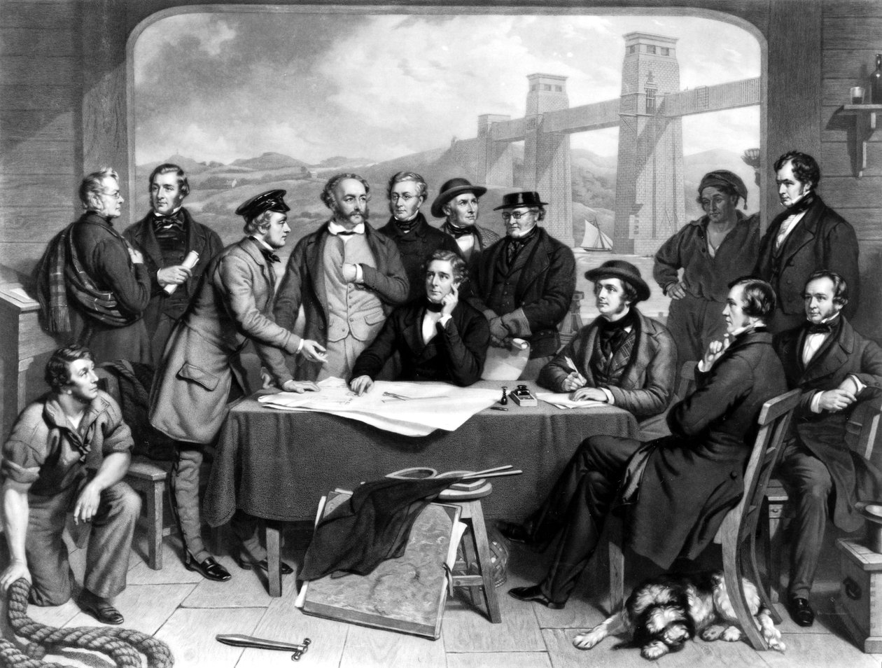 Mérnökök konferenciája a Britannia Bridge-en alkotó: Unbekannt Unbekannt