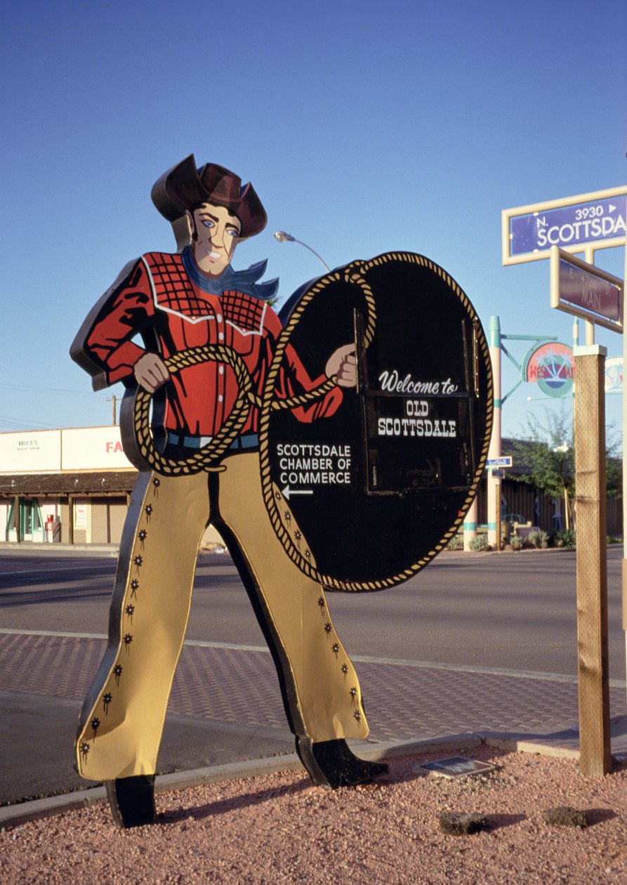 Cowboy figura tábla, amely az arizonai Scottsdale-ben üdvözli a turistákat (fotó) alkotó: Unbekannt Unbekannt