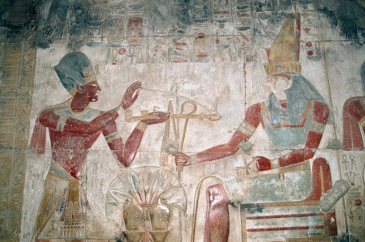 Egyiptom, Abydos, I. Seti fáraó temploma, Ozirisz kápolna. Részlet, festett dombormű, Újbirodalom, XIX. dinasztia alkotó: Unbekannt Unbekannt