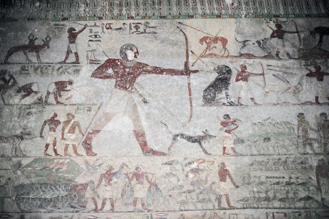Egyiptom, Beni Hasan nekropolisza, Khnumhotep III sírja, vadászjelenetet ábrázoló falfestmény alkotó: Unbekannt Unbekannt